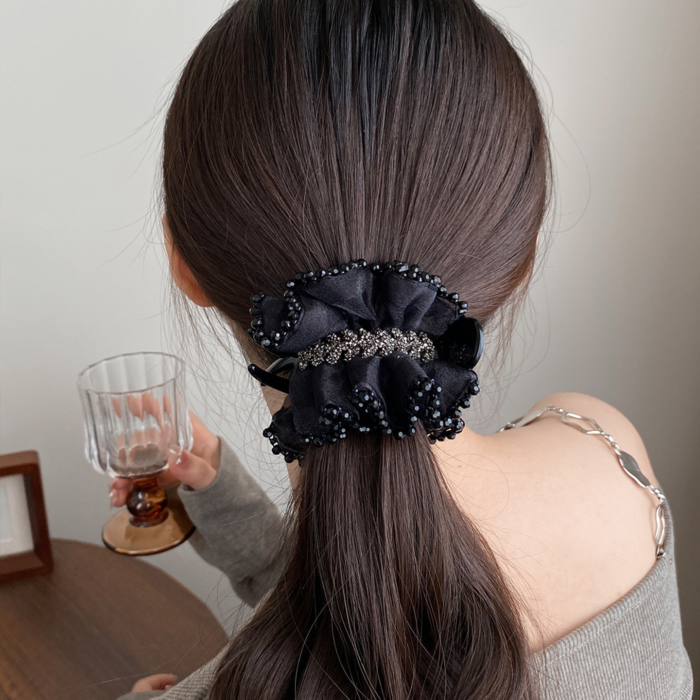 Kẹp tóc 3 răng chiếc lá đá viền pha lê đen thiết kế cao cấp, phụ kiện kẹp tóc nữ cao cấp, quà tặng Mẹ B3336