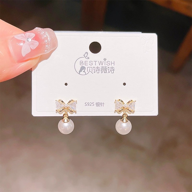 Bông tai NƠ ĐÁ giọt ngọc nhí, phụ kiện bông tai thiết kế Hàn Quốc B3443