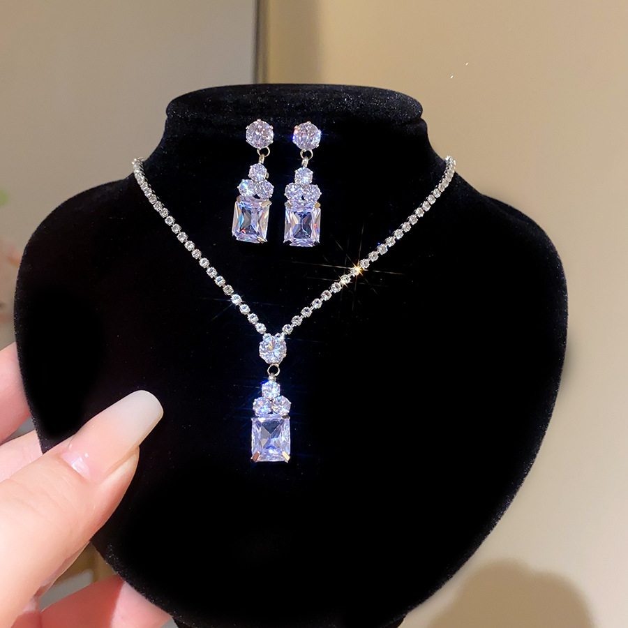 Bộ Bông tai dây chuyền ĐÁ GIỌT nước hình vuông, phụ kiện cưới cô dâu, bộ trang sức đẹp B3247