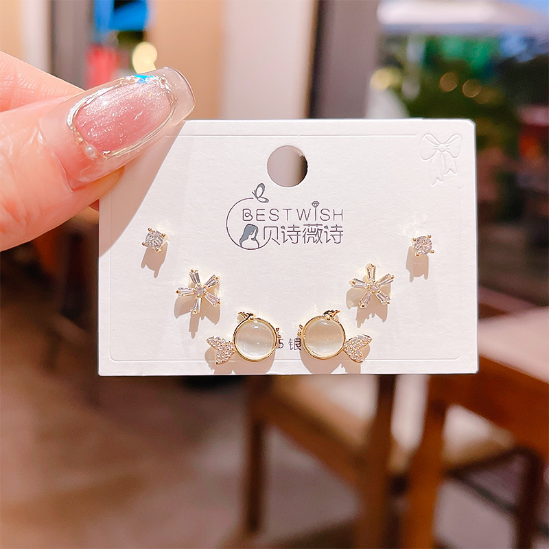 Bộ 3 đôi hoa tai CÁ NGÔI SAO đá zircon mắt mèo cao cấp, bông tai sát tai thiết kế đẹp B3445