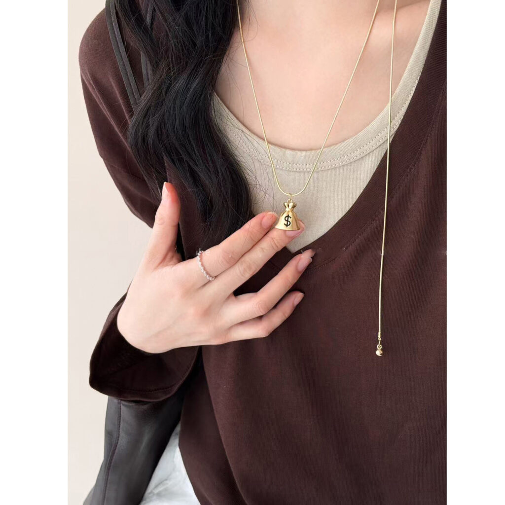 Dây chuyền túi Tiền màu VÀNG dáng dài rút chỉnh freesize, phụ kiện vòng cổ thời trang B3198