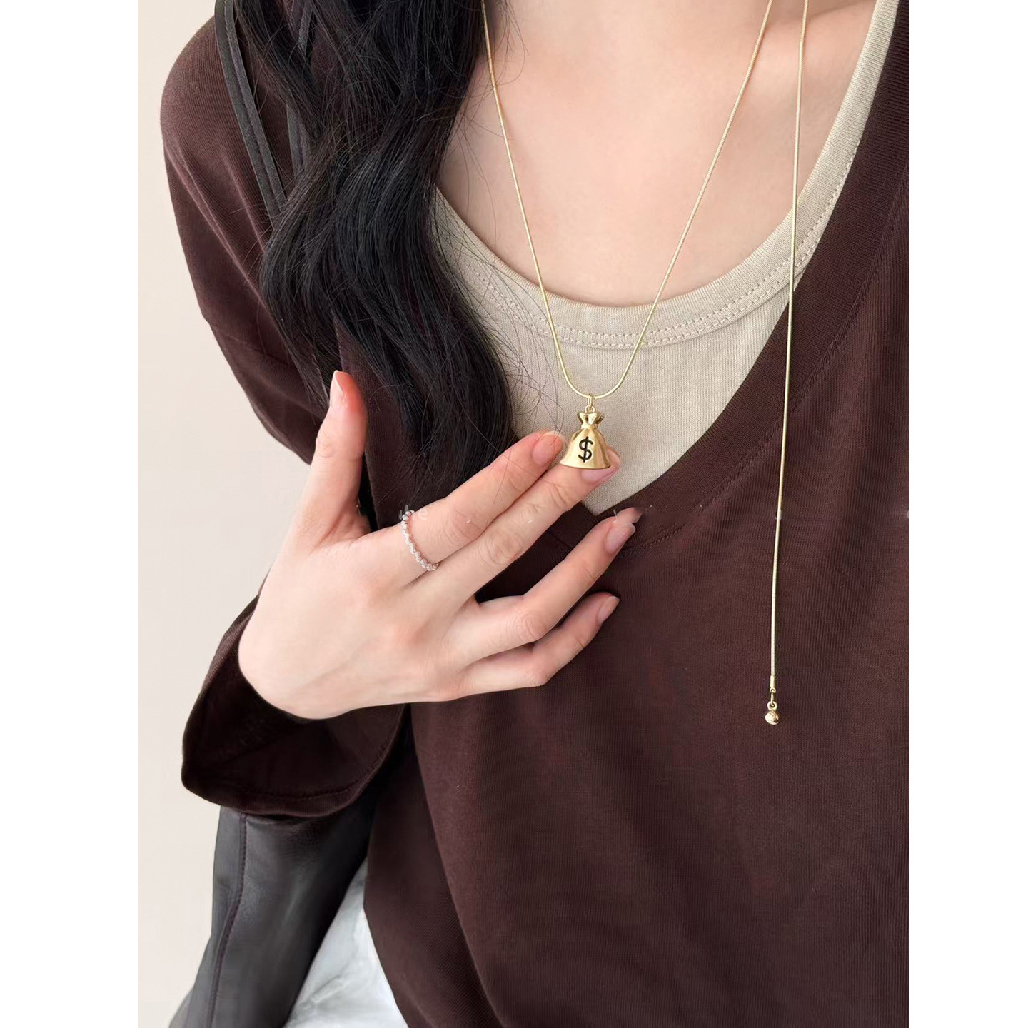 Dây chuyền túi Tiền màu VÀNG dáng dài rút chỉnh freesize, phụ kiện vòng cổ thời trang B3198