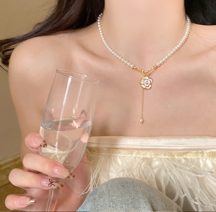 Dây chuyền ngọc trai MẶT HOA TRẮNG chữ Y độc đáo, phụ kiện dây chuyền thời trang đẹp B3160