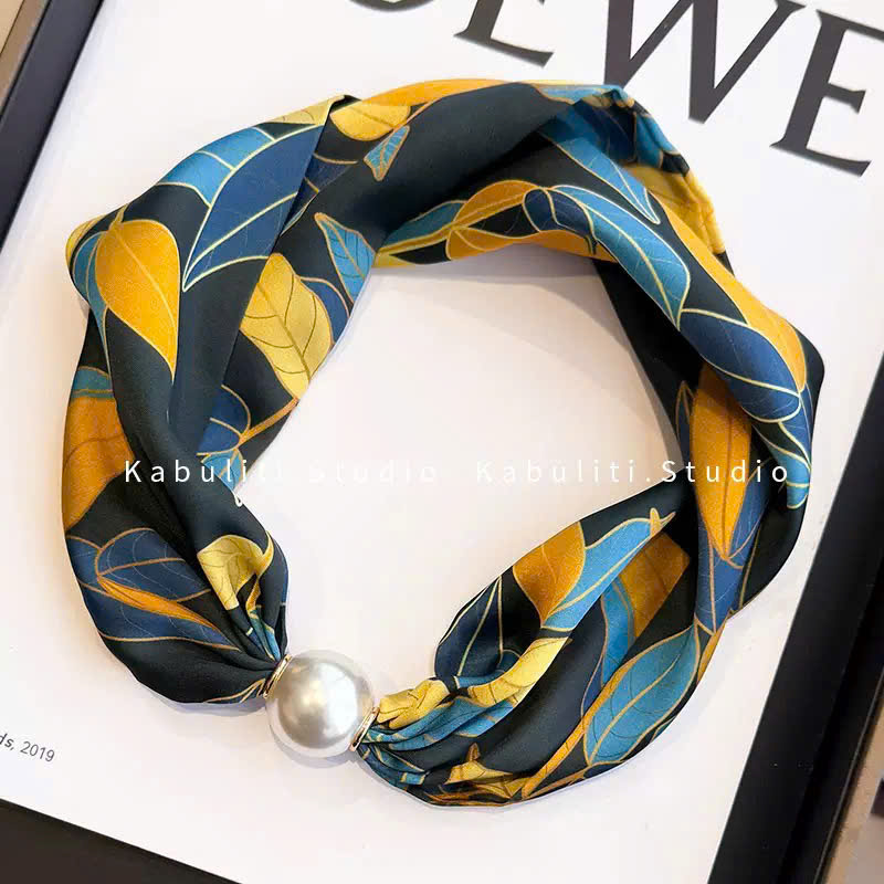 Vòng cổ khăn lụa đa năng ngọc trai Chiếc lÁ VÀNG XANH toen đen, phụ kiện vòng cổ độc đáo B3228