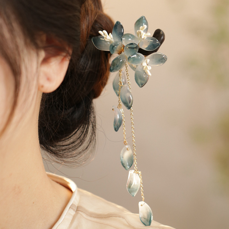 Trâm Tóc Hoa XANH ĐEN độc đáo, phụ kiện tóc áo dài đi tiệc, trâm tóc đẹp cổ điển B3520