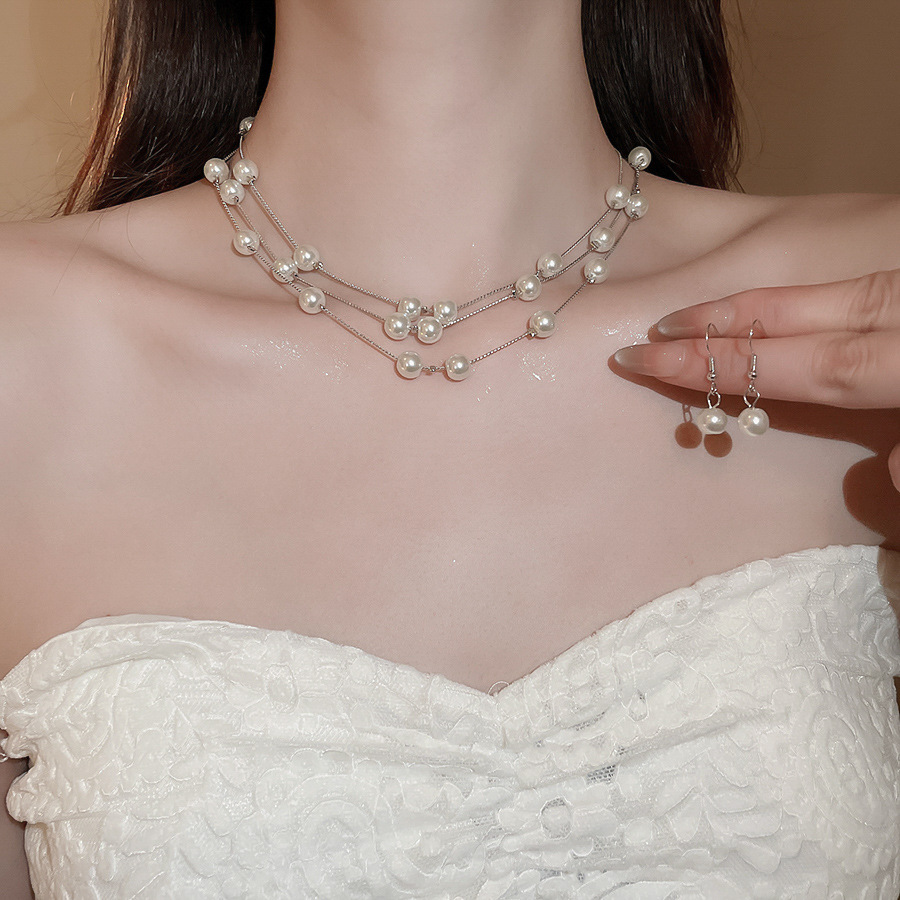 Bộ bông tai, dây chuyền, vòng tay NGỌC nhiều vòng màu bạc, phụ kiện vòng cổ ngọc thời trang đi tiệc B3584