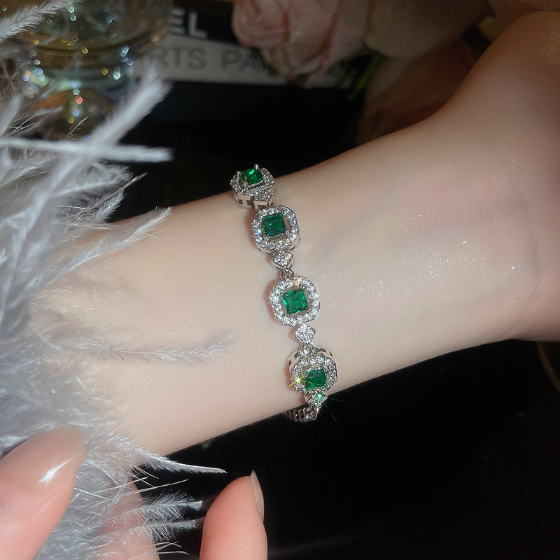 Lắc tay hình học đá zircon màu ĐÁ XANH mix đá trắng cao cấp, lắc tay nữ đẹp cao cấp B3573