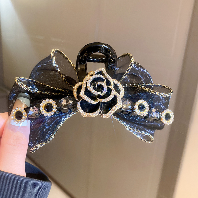 Kẹp gắp tóc nữ bất đối xứng thiết kế độc đáo HOA HỒNG ĐEN bên nơ, phụ kiện kẹp tóc nữ đẹp B3522