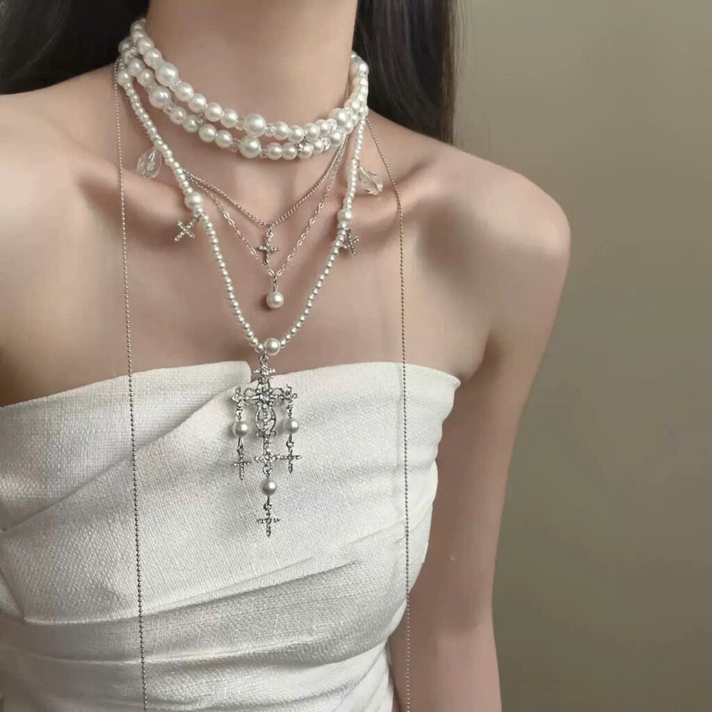 Vòng cổ, dây chuyền ngọc trai nhiều tầng thánh giá, phong cách cá tính độc đáo, sang trọng B3169