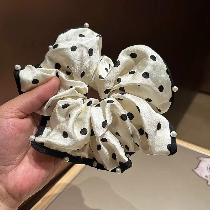 Cột tóc nữ cao cấp chấm bi NGỌC nền KEM viền đen thiết kế độc đáo, phụ kiện cột tóc đẹp B3533