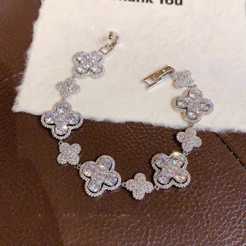 Lắc tay CỎ 4 lá full đá zircon xi bạc 925 cao cấp, quà tặng bạn gái, tặng mẹ, món quà lắc tay độc đáo cao cấp B03595