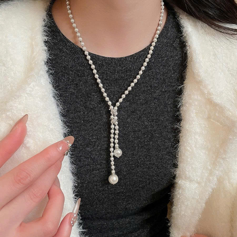 Dây chuyền chữ Y ngọc nhí mix đá màu BẠC, phụ kiện dây chuyền ngọc trai độc đáo B03610