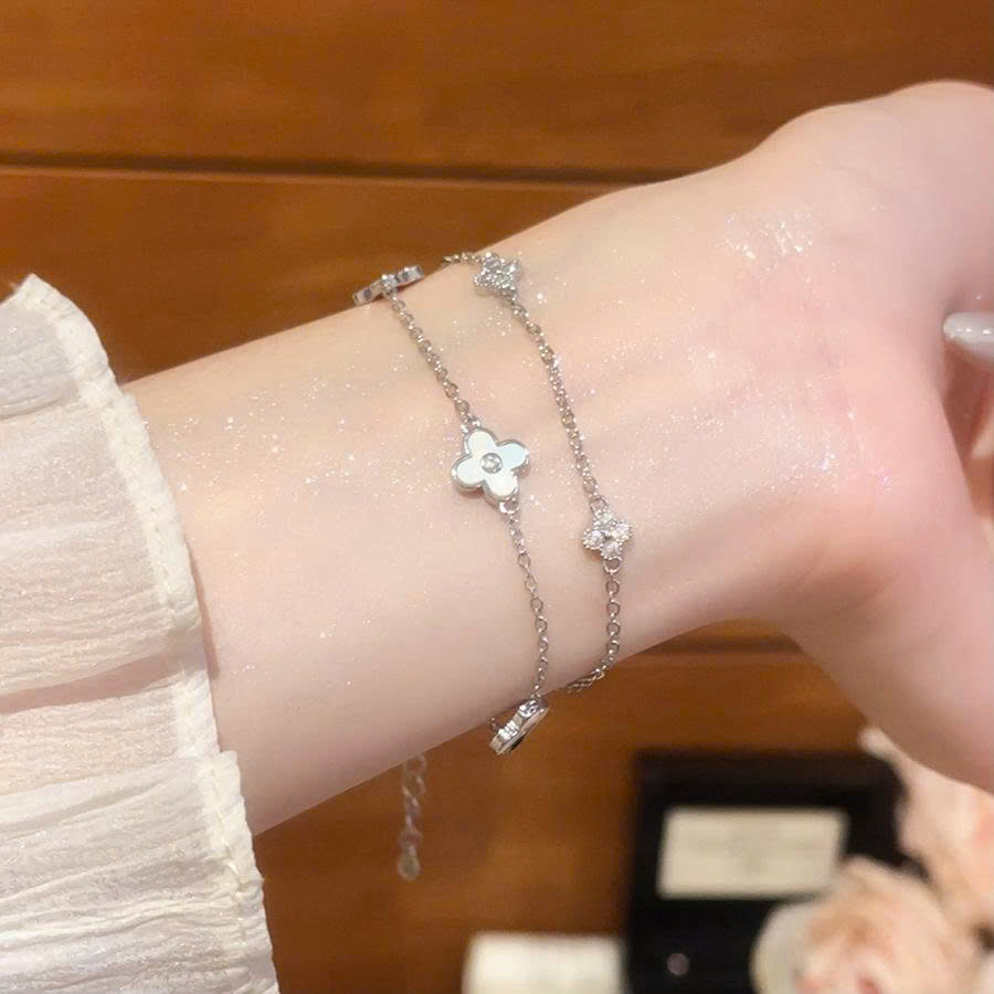 ắc tay 2 dây CỎ 4 lá may mắn xà cừ xi BẠC 925 cao cấp, lắc tay nữ thiết kế đẹp, Quà tặng độc đáo B3611