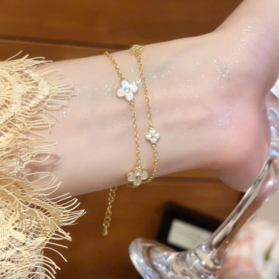 Lắc tay 2 dây CỎ 4 lá may mắn xà cừ xi vàng pha cao cấp, lắc tay nữ thiết kế đẹp, Quà tặng độc đáo B3610