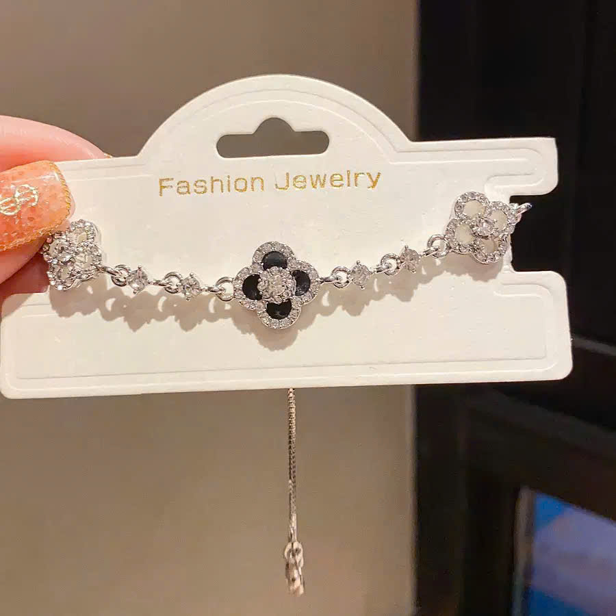 Lắc tay cỏ 4 lá ĐÁ ZIRCON xi bạc 925 cao cấp freesize, lắc tay nữ đẹp độc đáo, quà tặng bạn gái B3586