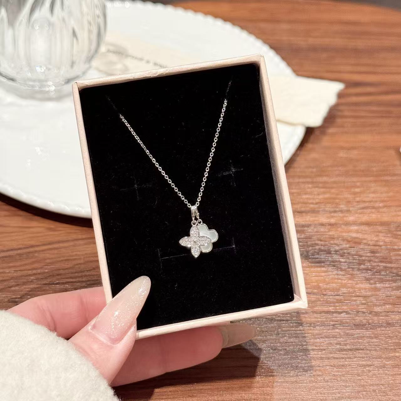 Dây chuyền CỎ 4 lá đá zircon _ xà cừ xi BAC 925 cao cấp, quà tặng bạn gái độc đáo, phụ kiện dây chuyền đi tiệc B3695