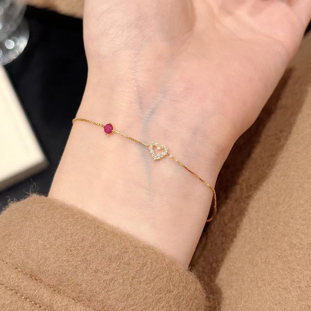 Lắc tay TRÁI TIM Mix đá HỒNG đậm đá zircon xi vàng pha, phụ kiện vòng tay nữ đẹp, quà tặng bạn gái xinh xắn B3707