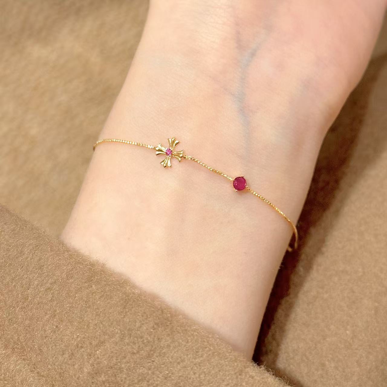 Lắc tay thánh giá Mix đá hồng đậm đá zircon xi vàng pha, phụ kiện vòng tay nữ đẹp, quà tặng bạn gái xinh xắn B3710