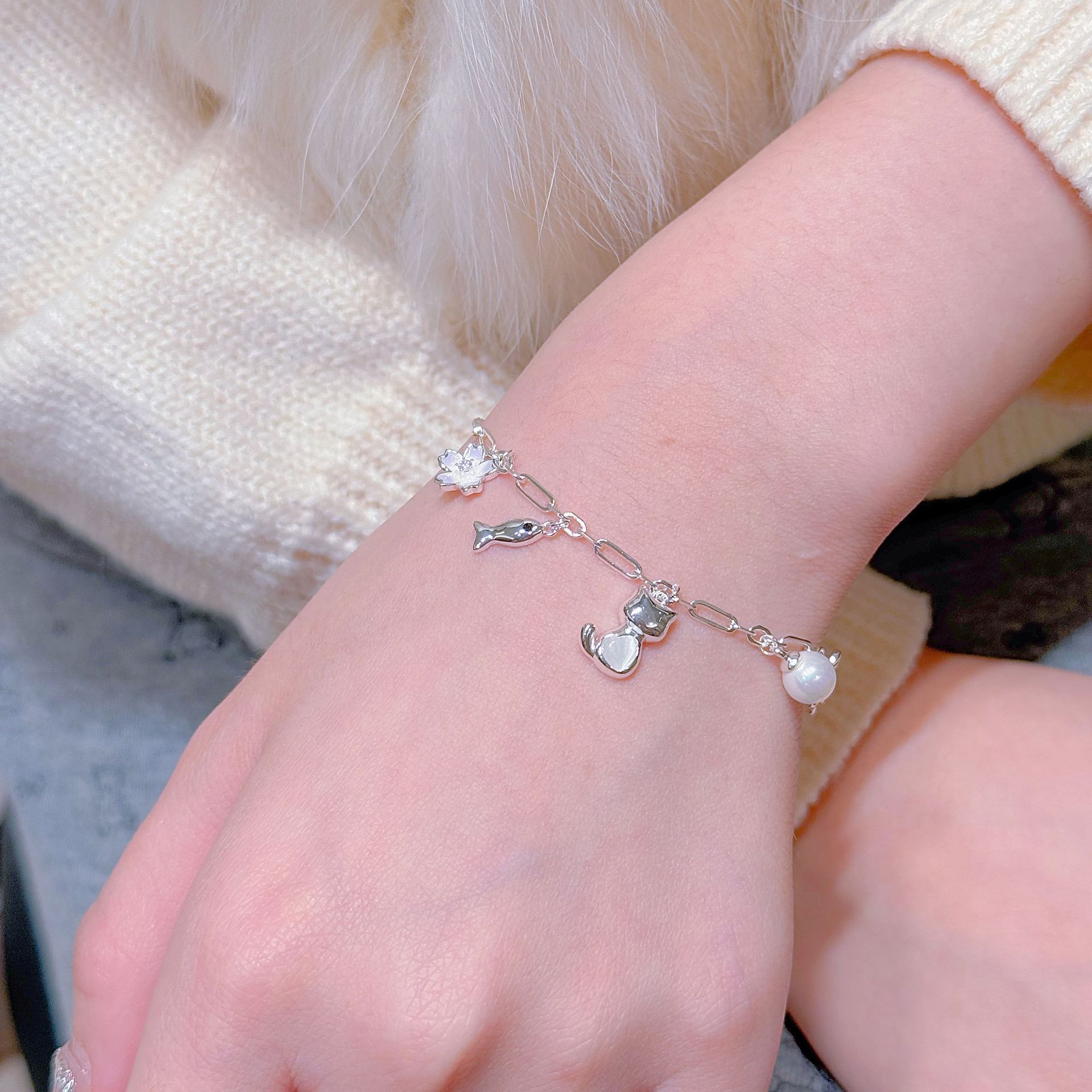 Lắc tay MÈO NƠ NGỌC xi bạc cao cấp, quà tặng bạn gái độc đáo, phụ kiện lắc tay đẹp B3716