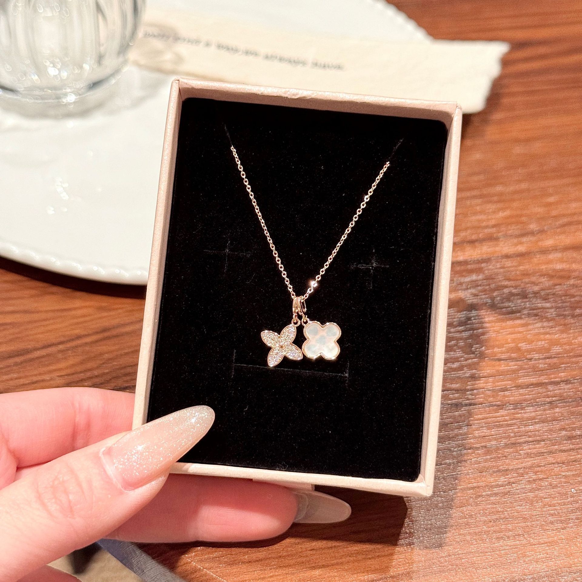 Dây chuyền CỎ 4 lá đá zircon _ xà cừ xi vàng pha cao cấp, quà tặng bạn gái độc đáo, phụ kiện dây chuyền đi tiệc B3694