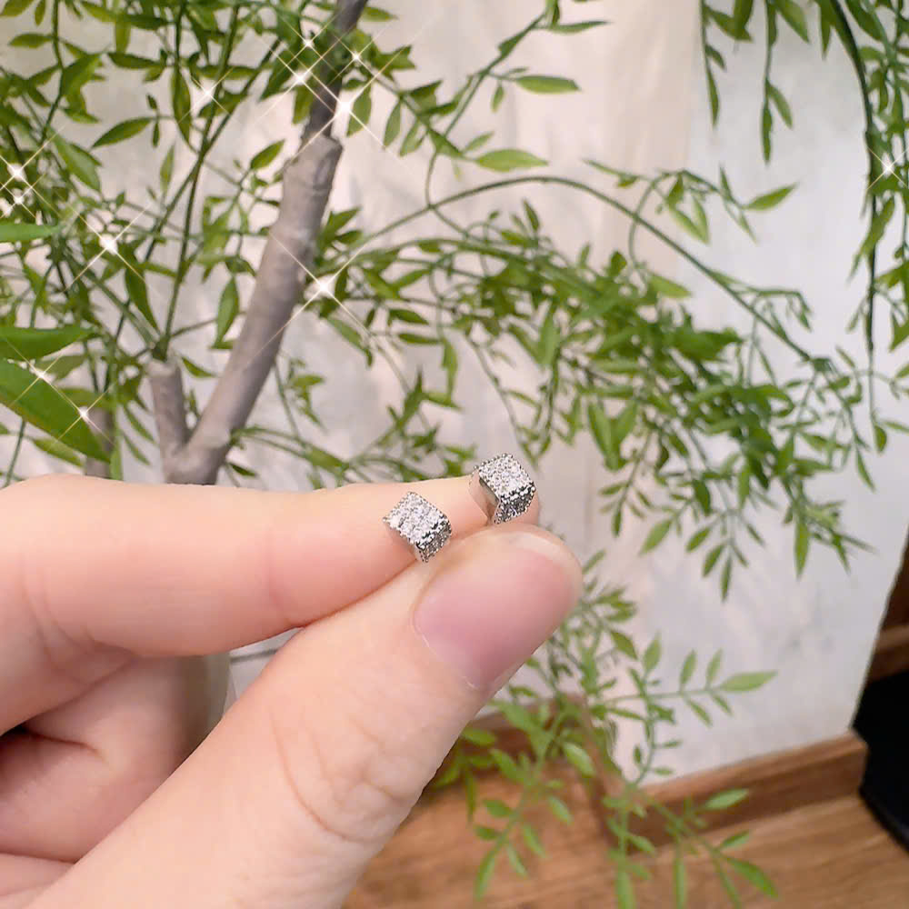 Bông tai unisex nam nữ Khối vuông 2 mặt ĐÍNH ĐÁ zirrcon xi bạc 925 cao cấp A9058