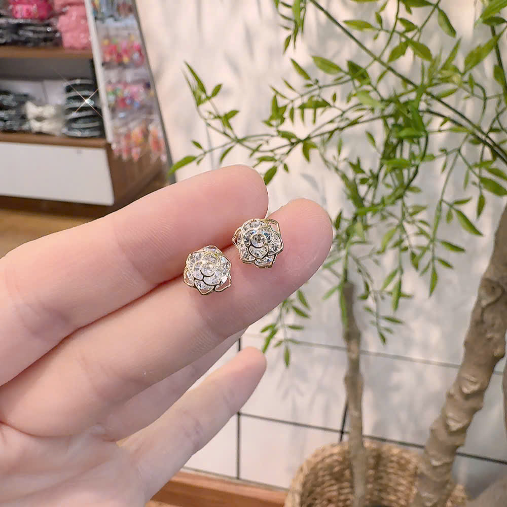 Bông tai hoa hồng trong ĐÁ ZIRCON xi VÀNG PHA thiết kế HÀN QUỐC độc đáo, bông tai nhỏ xinh sang trọng lấp lánh B3461