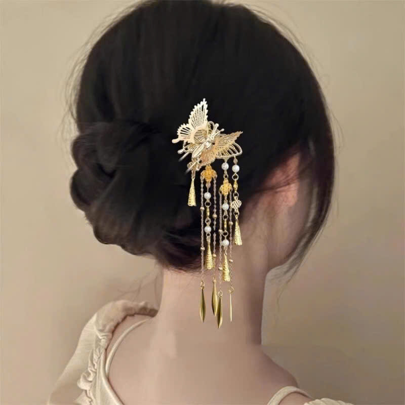 Trâm tóc HỒ ĐIỆP vàng rơi dây tua rua độc đáo, phụ kiện tóc nữ độc đáo A0025