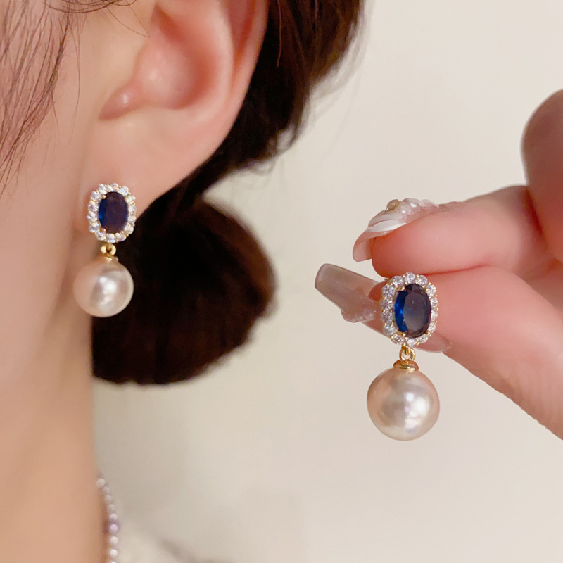 Bông tai ĐÁ XANH LAM giọt ngọc xi cao cấp, Hoa tai thiết kế Hàn quốc đi tiệc sang trọng, độc đáo B4506