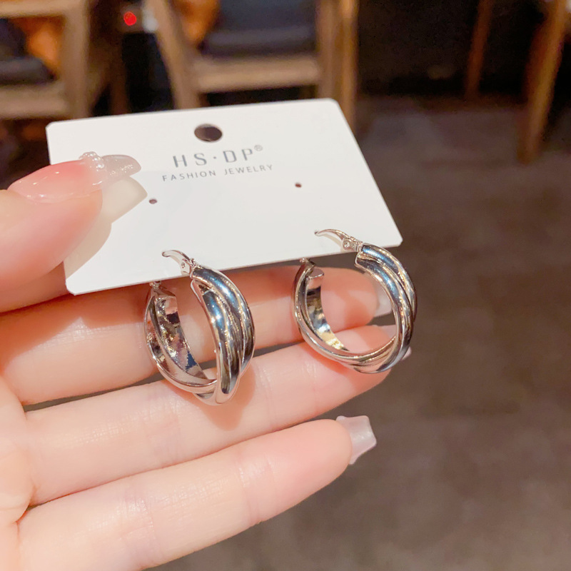 Hoa tai 2 vòng xoắn tròn 2cm Xi bạc 925 cao cấp, Hoa tai thiết kế Hàn quốc phong cách Châu âu basic cá tính B4512