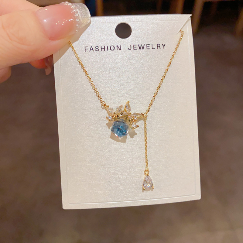 Dây chuyền chữ Y giọt nước ĐÁ VUÔNG Xanh hình bướm xi vàng pha cao cấp, dây chuyền thiết kế hàn quốc độc đáo B4521