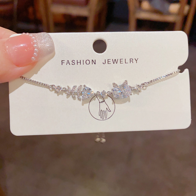 Lắc tay nữ thiết kế độc đáo MÈO CÁ đá zircon xi bạc 925 cao cấp FREESIZE, lắc tay quà tặng bạn gái B4537