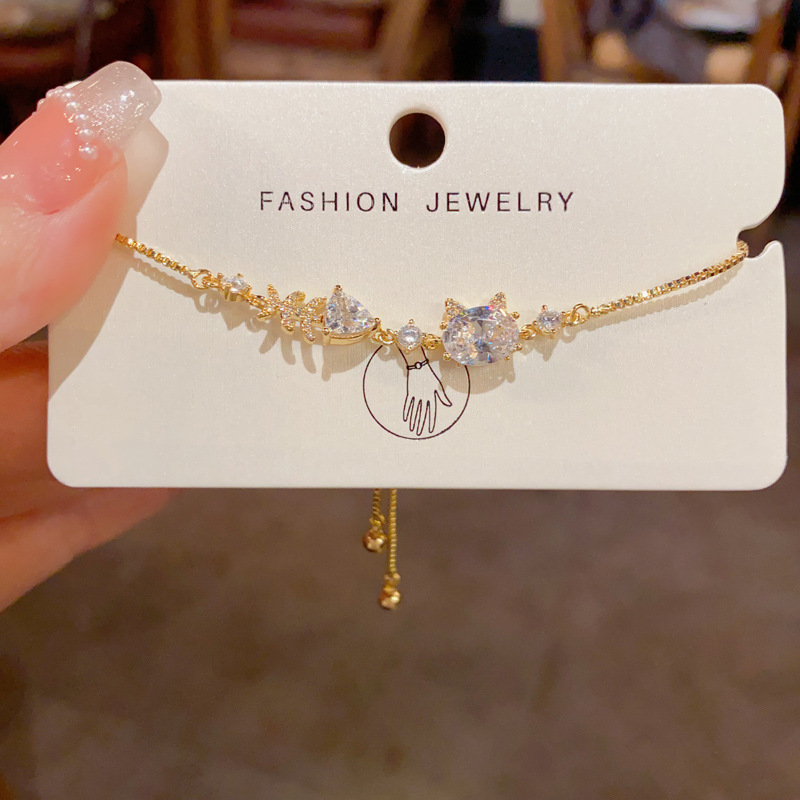 Lắc tay nữ thiết kế độc đáo MÈO CÁ đá zircon xi vàng pha cao cấp FREESIZE, lắc tay quà tặng bạn gái B4538