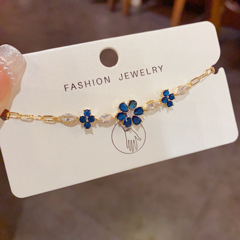 Lắc tay HOA ĐÁ zircon XANH xi vàng pha cao cấp, lắc tay thời trang thiết kế Hàn Quốc độc đáo sang trọng B4549