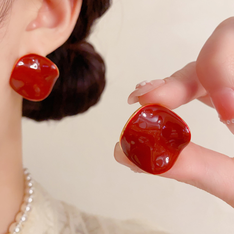 Hoa tai SÓNG ĐỎ viền xi vàng pha cao cấp, Hoa tai to trơn basic màu sắc Châu âu phong cách thiết kế Sang trọng B4420