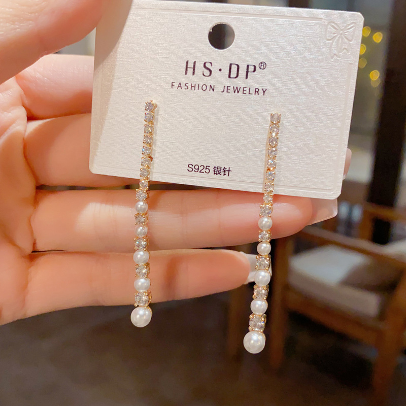 Hoa tai DÀI 1 thanh NGỌC ĐÁ zircon xi vàng pha cao cấp, Hoa tai thời trang thiết kế Hàn Quốc B4421