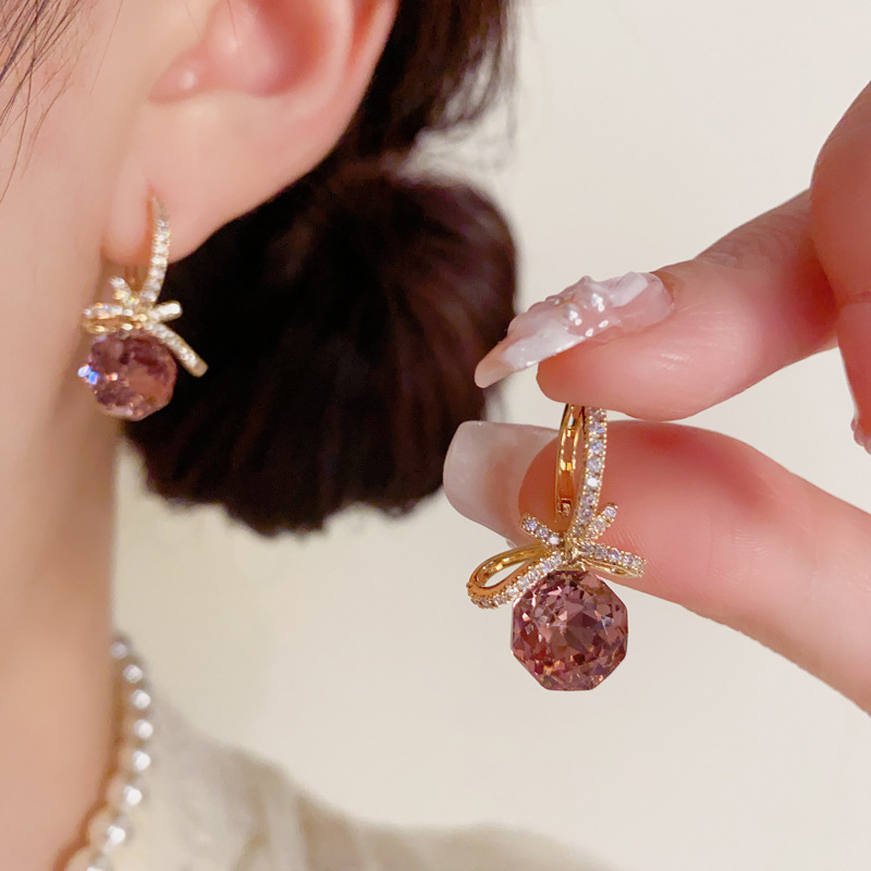 Hoa tai nữ dạng móc NƠ ĐÁ TÍM xi vàng pha cao cấp, hoa tai thiết Kế Hàn Quốc sang trọng đi tiệc B4404