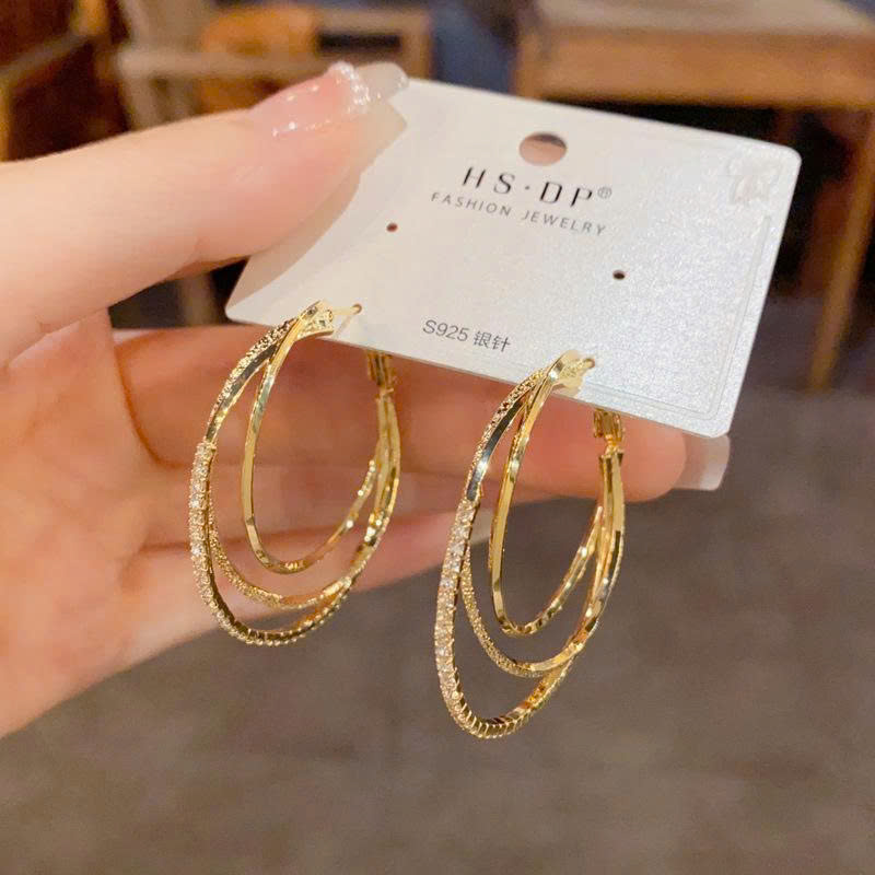 Hoa tai Tròn 3 vòng ĐK 3cm Đá zircon lấp lánh vàng pha 925 cao cấp, Hoa tai tròn basic cơ bản thiết kế sang trọng B4416