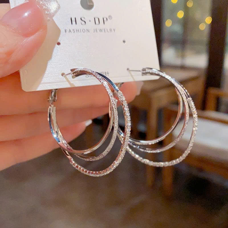 Hoa tai Tròn 3 vòng ĐK 3cm Đá zircon lấp lánh xi bạc 925 cao cấp, Hoa tai tròn basic cơ bản thiết kế sang trọng B4417