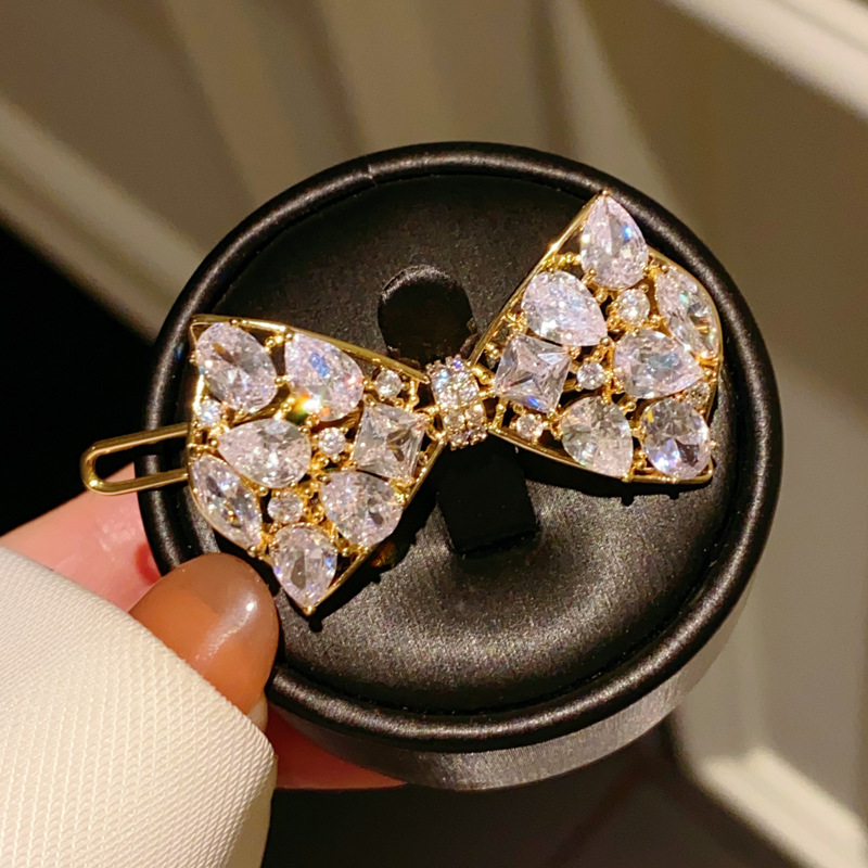 Kẹp mái tóc NƠ ĐÁ ZIRCOn xi vàng pha cao cấp, Phụ kiện kẹp tóc nữ sang trọng, quà tặng ý nghĩ bạn gái B4169