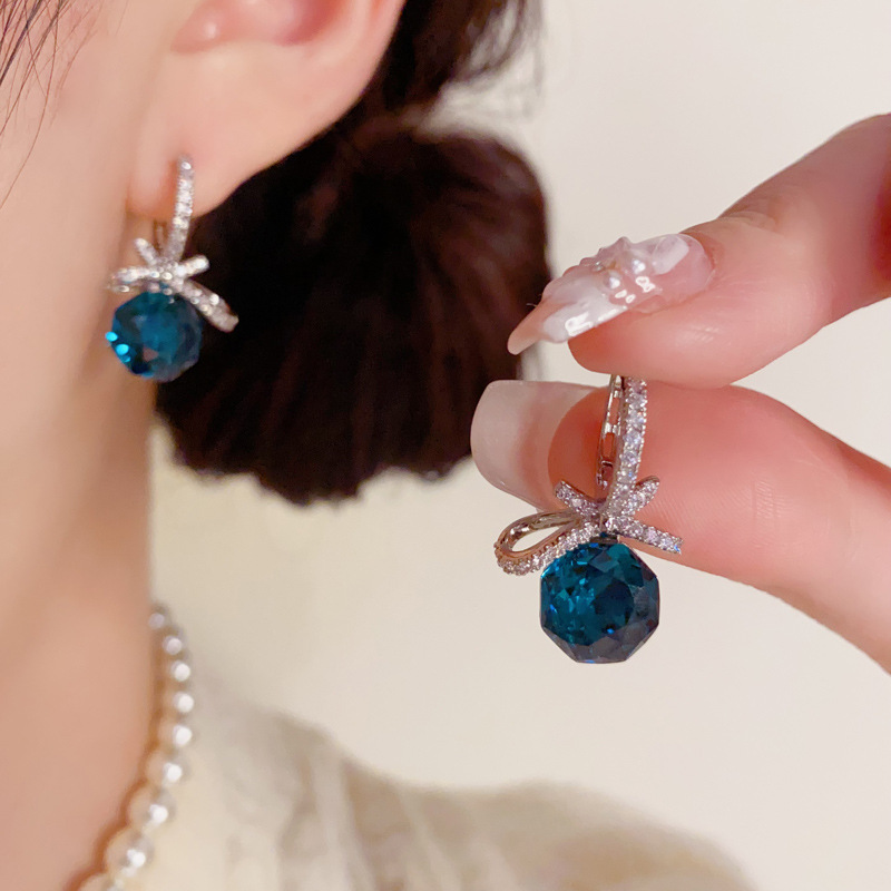 Hoa tai nữ dạng móc NƠ ĐÁ XANH DƯƠNG xi bạc 925 cao cấp, hoa tai thiết Kế Hàn Quốc sang trọng đi tiệc B4405