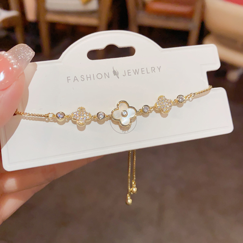 Lắc tay nữ cỏ 4 lá may mắn xà cừ đính đá zircon xi vàng pha cao cấp, quà tặng bạn gái ý nghĩa, lắc tay thiết kế Hàn Quốc B4435