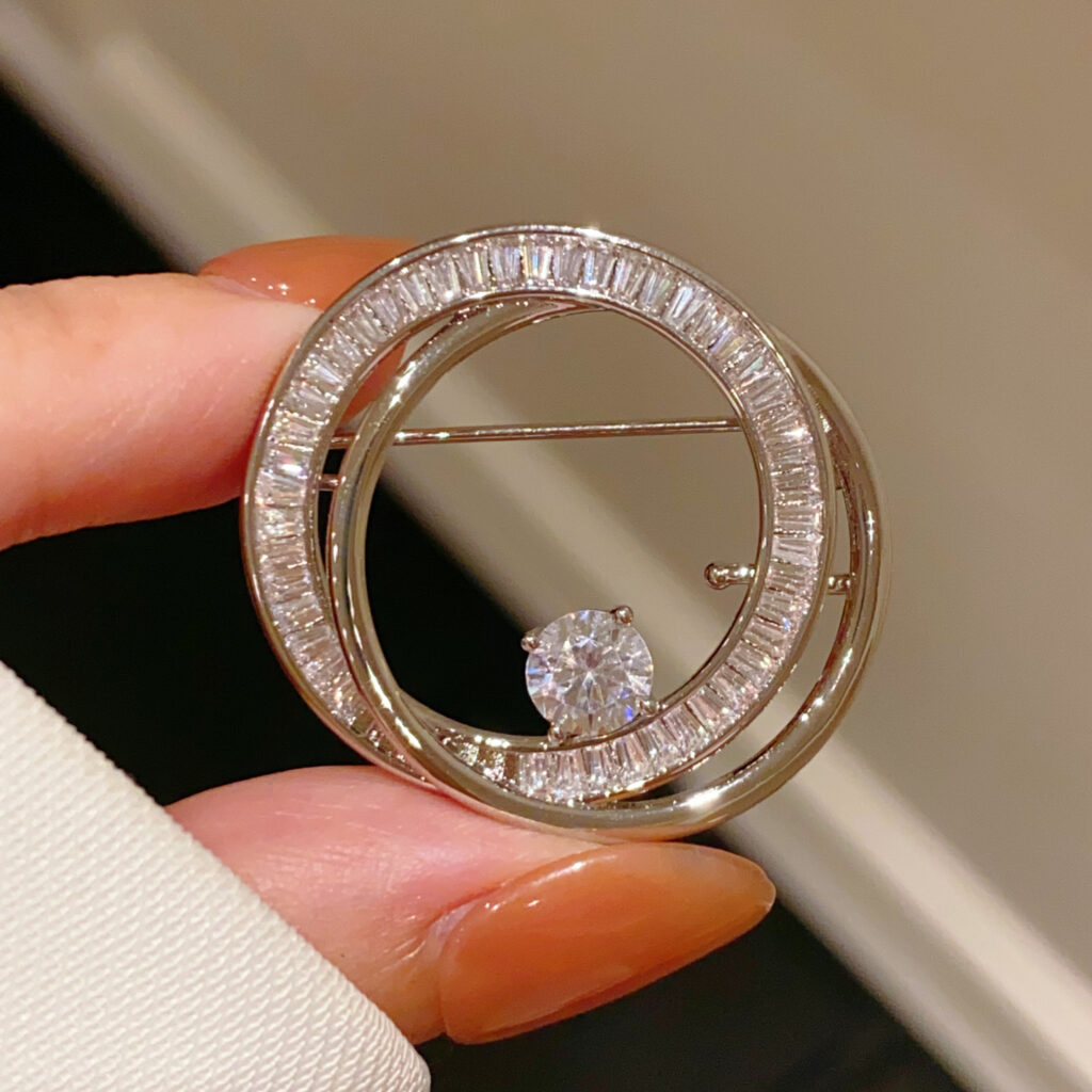 Cài áo Tròn đôi đính đá zircon xi bạc 925 cao cấp, trâm cài áo thiết kế Hàn Quốc sang trọng B4178