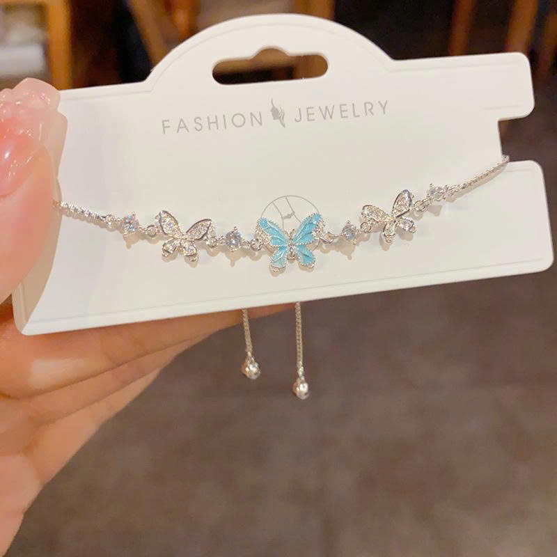 Lắc tay HỒ ĐIỆP xanh mix đá zircon freesize xi bạc cao cấp, lắc tay nữ thiết kế Hàn Quốc độc đáo sang trọng B4452