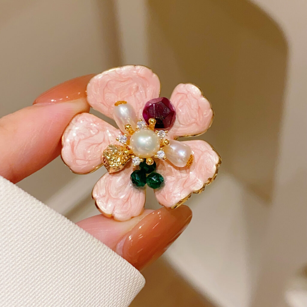 Cài áo HOA MEN HỒNG mix ngọc trai tự nhiên cao cấp, quà tặng ý nghĩa, trâm cài áo thiết kế Sang trọng B4180