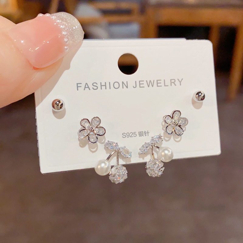 Bộ 3 đôi Hoa tai HOA 5 cánh, cherry xi bạc 925 cao cấp, bông tai thời trang nhỏ sát tai độc đáo B4444