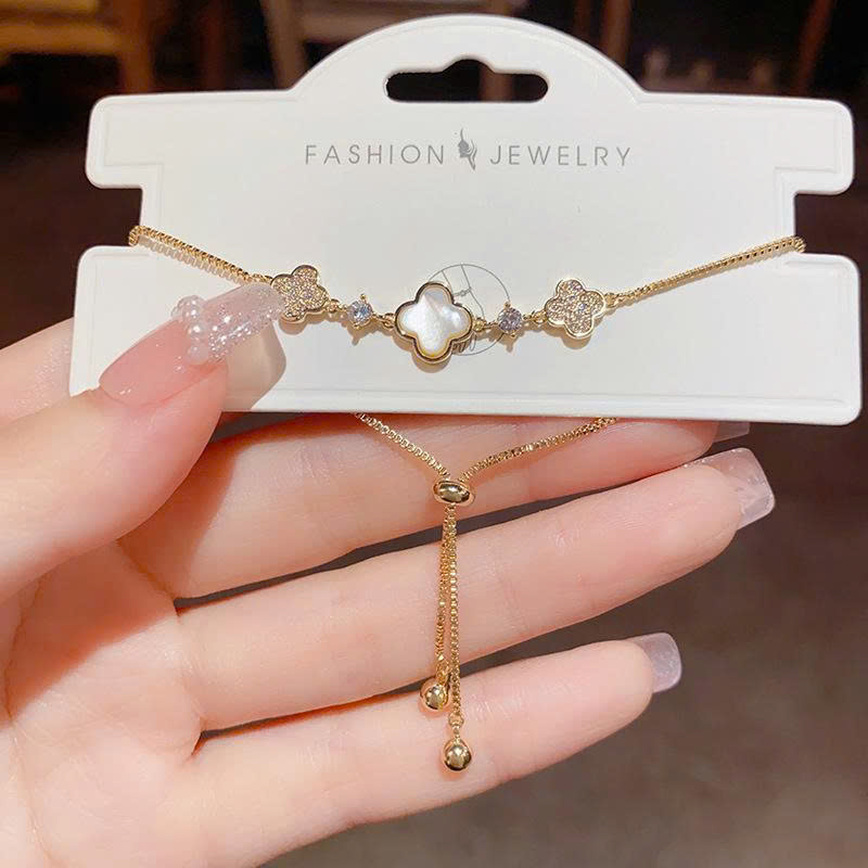 Lắc tay CỎ 4 lá VỎ SÒ rút chỉnh freesize xi vàng pha cao cấp, lắc tay nữ thiết kế Hàn quốc độc đáo, quà tặng bạn gái B4489