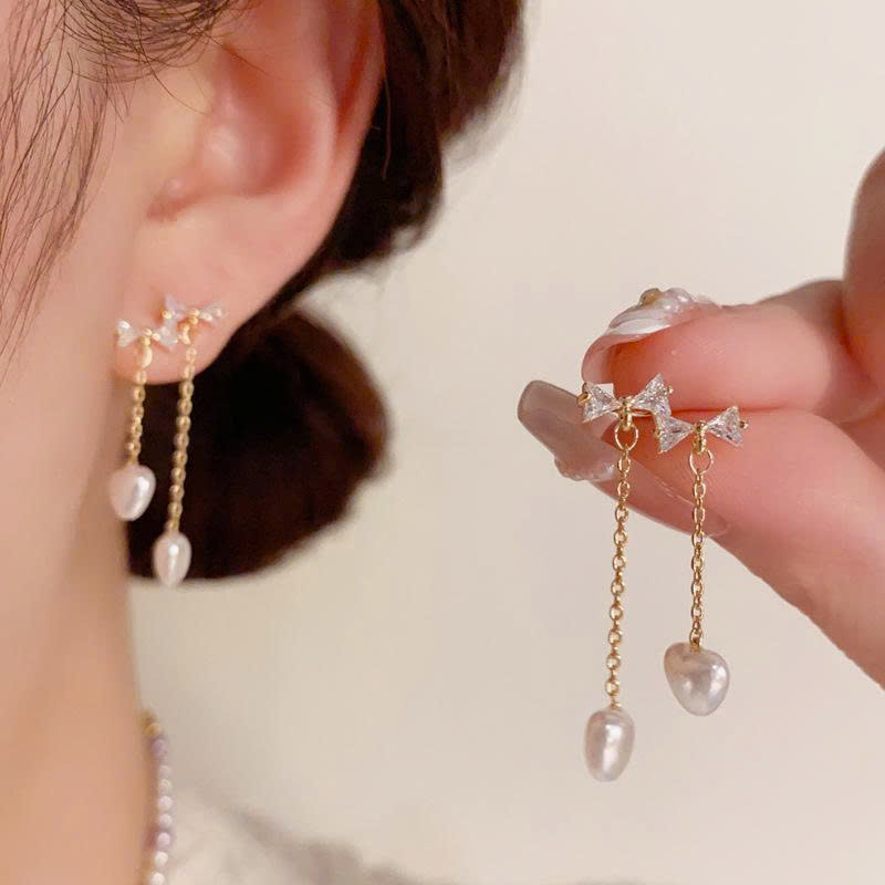 Bông tai tua rua nhẹ nhàng giọt ngọc Nơ trái tim xi vàng pha cao cấp, Hoa tai thời trang đi tiệc, bông tai cô dâu thiết kế Hàn Quốc độc đáo B4505