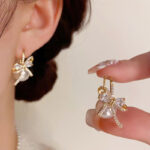 Hoa tai móc NƠ NGỌC ĐÁ zircon xi vàng pha cao cấp, Hoa tai thiết kế Hàn Quốc độc đáo sang trọng B4509