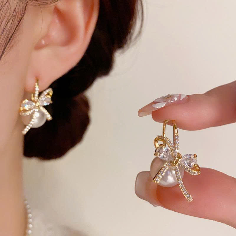 Hoa tai móc NƠ NGỌC ĐÁ zircon xi vàng pha cao cấp, Hoa tai thiết kế Hàn Quốc độc đáo sang trọng B4509