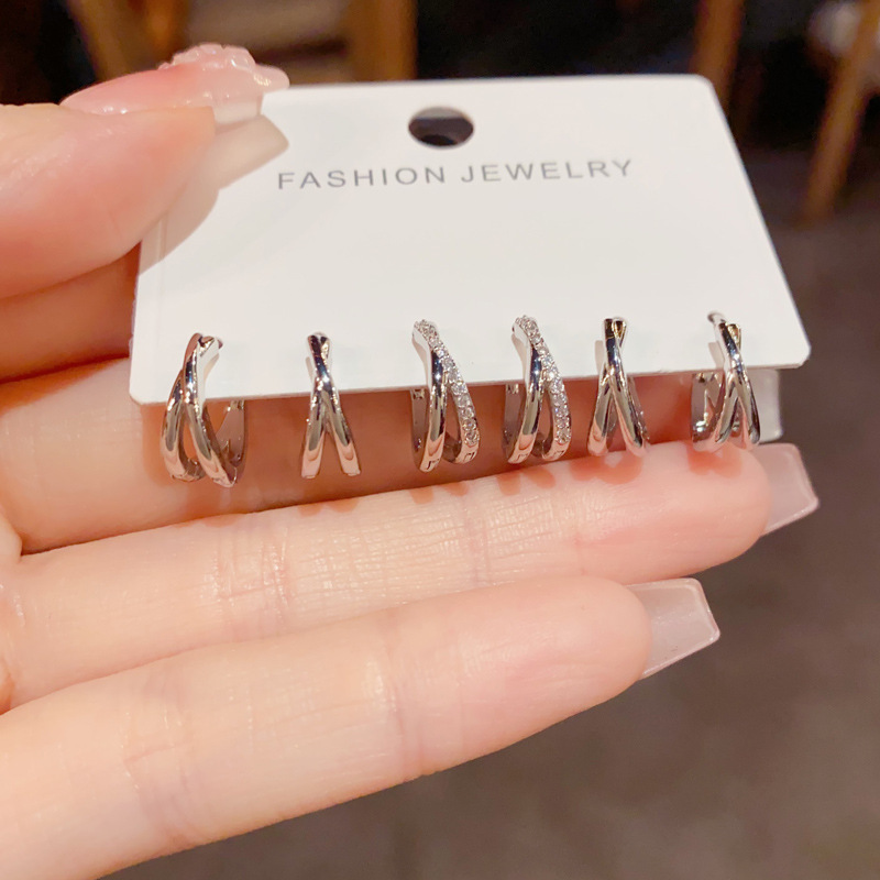 Bộ 3 đôi Hoa tai tròn basic 2 vòng trơn và mix đá bi bạc 925, Hoa tai thiết kế hàn quốc độc đáo B4453